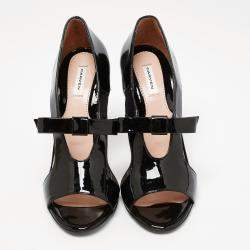  Carven Black Patent Leather Bow Cut-Out Sandals Size 37