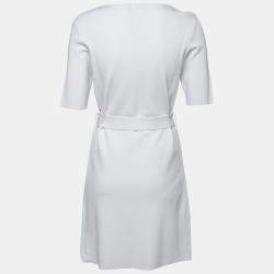 Carven White Rib Knit Belted Short Sleeve Skater Dress L