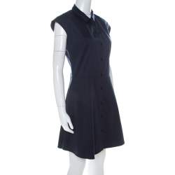 Carven Navy Blue Cotton Blend Cap Sleeves A Line Dress M