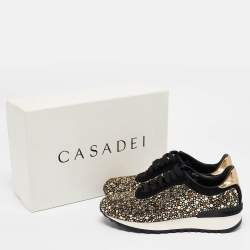 Casadei Black/Gold Suede and Leather Studded Low Top Sneakers Size 37
