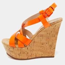 Casadei Neon Orange Patent Leather Cork Platform Wedge Sandals Size 38