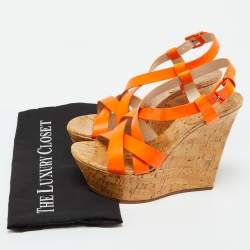 Casadei Neon Orange Patent Leather Cork Platform Wedge Sandals Size 38