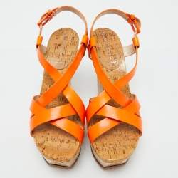 Casadei Neon Orange Patent Leather Cork Platform Wedge Sandals Size 38