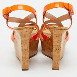 Casadei Neon Orange Patent Leather Cork Platform Wedge Sandals Size 38