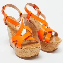 Casadei Neon Orange Patent Leather Cork Platform Wedge Sandals Size 38