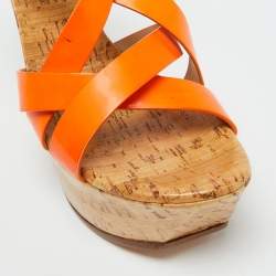 Casadei Neon Orange Patent Leather Cork Platform Wedge Sandals Size 38