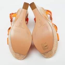 Casadei Neon Orange Patent Leather Cork Platform Wedge Sandals Size 38