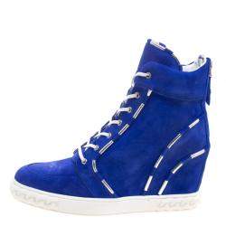 Pre Owned Casadei Blue Suede High Top Wedge Sneakers Size 37.5