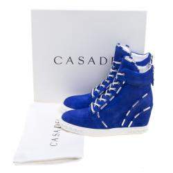 Pre Owned Casadei Blue Suede High Top Wedge Sneakers Size 37.5