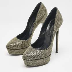 Pre Owned Casadei Black/Gold Glitter and Lamé Fabric Daisy Platform Pumps Size 38