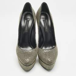 Pre Owned Casadei Black/Gold Glitter and Lamé Fabric Daisy Platform Pumps Size 38