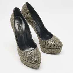 Pre Owned Casadei Black/Gold Glitter and Lamé Fabric Daisy Platform Pumps Size 38
