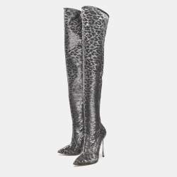 Casadei Grey Leopard Print Lurex Fabric Thigh High Boots Size 36