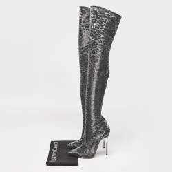 Casadei Grey Leopard Print Lurex Fabric Thigh High Boots Size 36