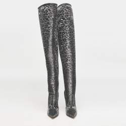 Casadei Grey Leopard Print Lurex Fabric Thigh High Boots Size 36