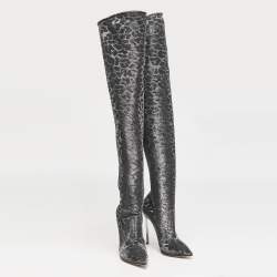 Casadei Grey Leopard Print Lurex Fabric Thigh High Boots Size 36