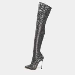 Casadei Grey Leopard Print Lurex Fabric Thigh High Boots Size 36