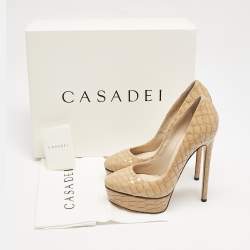 Casadei Beige Croc Embossed Patent Leather Platform Pumps Size 36