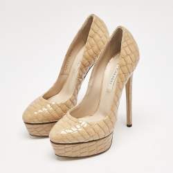 Casadei Beige Croc Embossed Patent Leather Platform Pumps Size 36