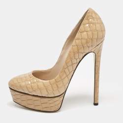 Casadei Beige Croc Embossed Patent Leather Platform Pumps Size 36