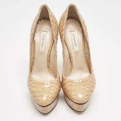 Casadei Beige Croc Embossed Patent Leather Platform Pumps Size 36