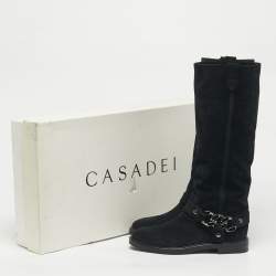 Pre Owned Casadei Black Suede Chain Detail Knee Length Boots Size 38.5