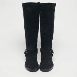 Pre Owned Casadei Black Suede Chain Detail Knee Length Boots Size 38.5