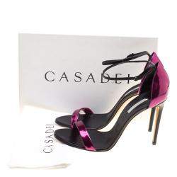 Pre Owned Casadei Metallic Magenta and Black Leather Candylux Ankle Strap Open Toe Sandals Size 41