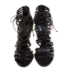 Pre Owned صندل غلادياتور كاسادي جلد أسود بسيور وبرباط مقاس 37.5