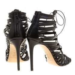 Pre Owned صندل غلادياتور كاسادي جلد أسود بسيور وبرباط مقاس 37.5