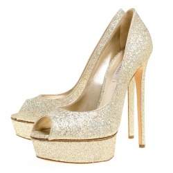 Pre Owned حذاء كعب عالي كاسادي نعل سميك مقدمة مفتوحة ديزي قماش لاميه غليتر مقاس 40