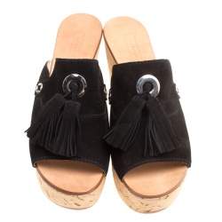 Pre Owned Casadei Black Suede Tassel Peep Toe Cork Platform Wedge Slides Size 40