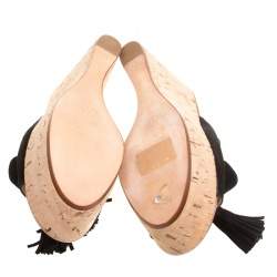 Pre Owned Casadei Black Suede Tassel Peep Toe Cork Platform Wedge Slides Size 40