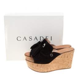 Pre Owned Casadei Black Suede Tassel Peep Toe Cork Platform Wedge Slides Size 40