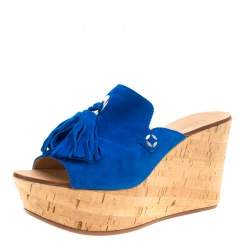 Casadei Blue Suede Tassel Peep Toe Cork Platform Wedge Slides Size 40