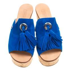 Casadei Blue Suede Tassel Peep Toe Cork Platform Wedge Slides Size 40