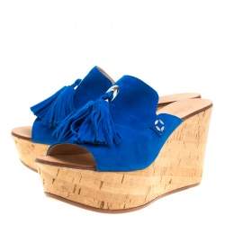 Casadei Blue Suede Tassel Peep Toe Cork Platform Wedge Slides Size 40