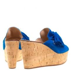 Casadei Blue Suede Tassel Peep Toe Cork Platform Wedge Slides Size 40