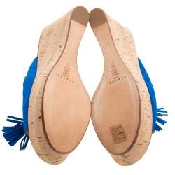 Casadei Blue Suede Tassel Peep Toe Cork Platform Wedge Slides Size 40