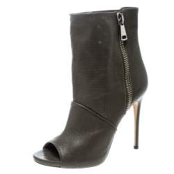 Pre Owned Casadei Olive Green Perforated Leather Double Zipper Peep Toe Ankle Boots Size 38.5