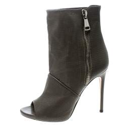 Pre Owned Casadei Olive Green Perforated Leather Double Zipper Peep Toe Ankle Boots Size 38.5