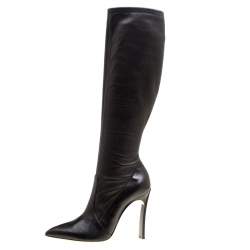 Pre Owned Casadei Black Leather Pointed Toe Knee Length Boots Size 40