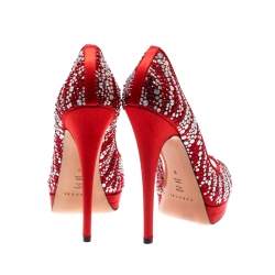 Pre Owned Casadei Red Satin Embellished Platform Peep Toe Pumps Size 39