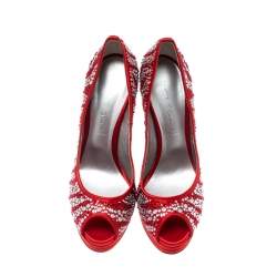 Pre Owned Casadei Red Satin Embellished Platform Peep Toe Pumps Size 39