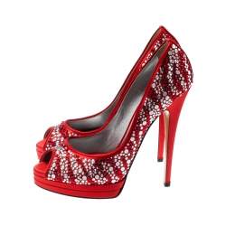 Pre Owned Casadei Red Satin Embellished Platform Peep Toe Pumps Size 39