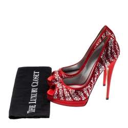 Pre Owned Casadei Red Satin Embellished Platform Peep Toe Pumps Size 39