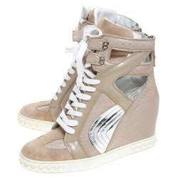 Pre Owned Casadei Beige Leather And Suede Wedge Lace Up Sneakers Size 40