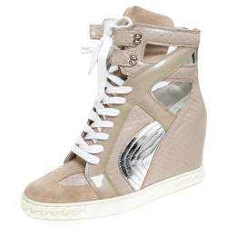 Pre Owned Casadei Beige Leather And Suede Wedge Lace Up Sneakers Size 40