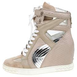 Pre Owned Casadei Beige Leather And Suede Wedge Lace Up Sneakers Size 40
