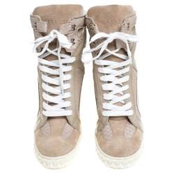 Pre Owned Casadei Beige Leather And Suede Wedge Lace Up Sneakers Size 40